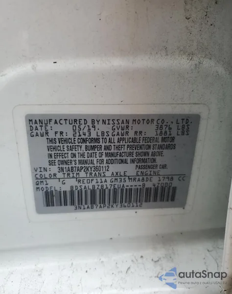 2019 Nissan Sentra S z USA, uszkodzony, nr VIN 3N1AB7AP2KY360112